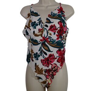 Shein Curve Women Size 1XL 14 White Floral Scalloped Edge Bodysuit V-neck